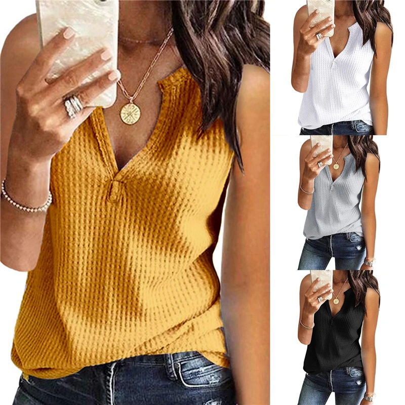 

2021 New Summer Female Knitted Tank Tops Sexy Deep V-neck T-Shirt Vest Women Sleeveless Elasticity Sweater Solid Casual