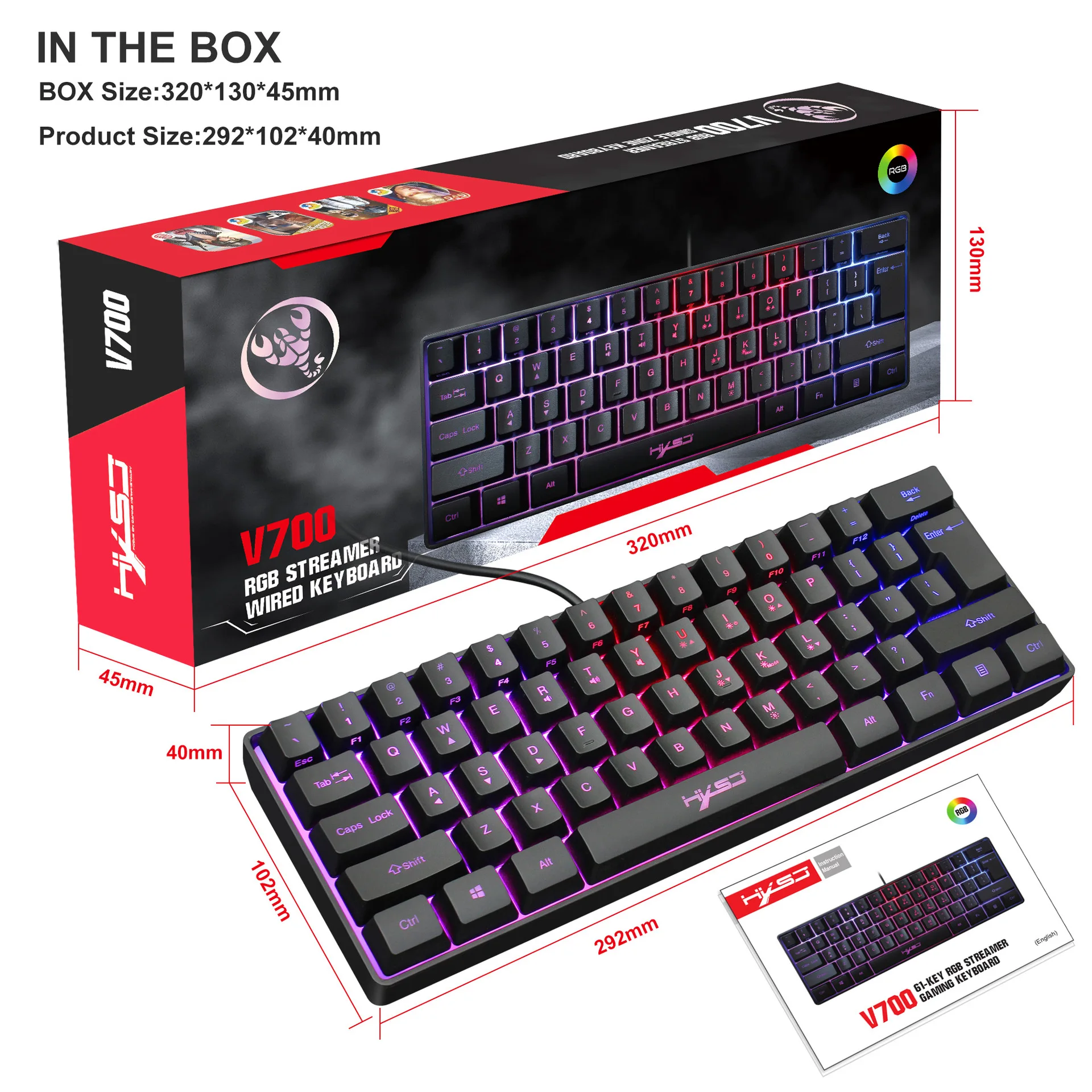 

USB-клавиатура игровая с RGB-подсветкой, 61 клавиша