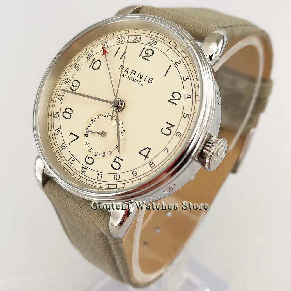 Новые мужские часы Parnis 42 мм GMT топовые брендовые механические серебристый футляр