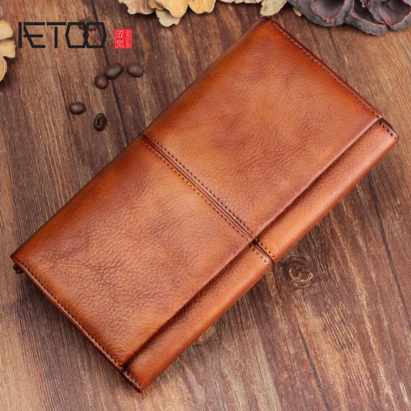 Кожаный Длинный кошелек AETOO для мужчин и женщин Винтажная сумочка на молнии в