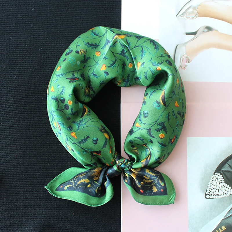 

100% Silk Scarf Women Fashion Bird Flower Print Kerchief Small Square Bandana Head Neck Hair Turban Bow Tied 53*53cm