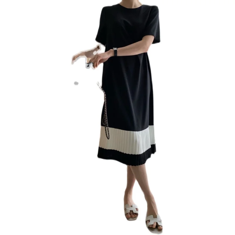 

Women Summer Casual Loose Solid Patchwork A-line Party Dress Vintage Folds O-neck Short Sleeve Korean Elegant Dress Vestidos