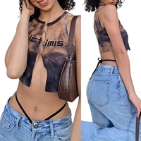 summer womens crew neck tank tops sexy sleeveless letter tie dye print hollow out crop tops
