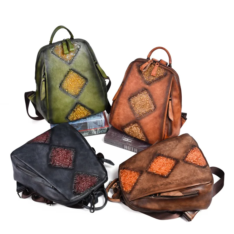 

Retro Leather Backpack Multifunctional Large Capacity Women's Backpack Embossed Women Tree High Leather