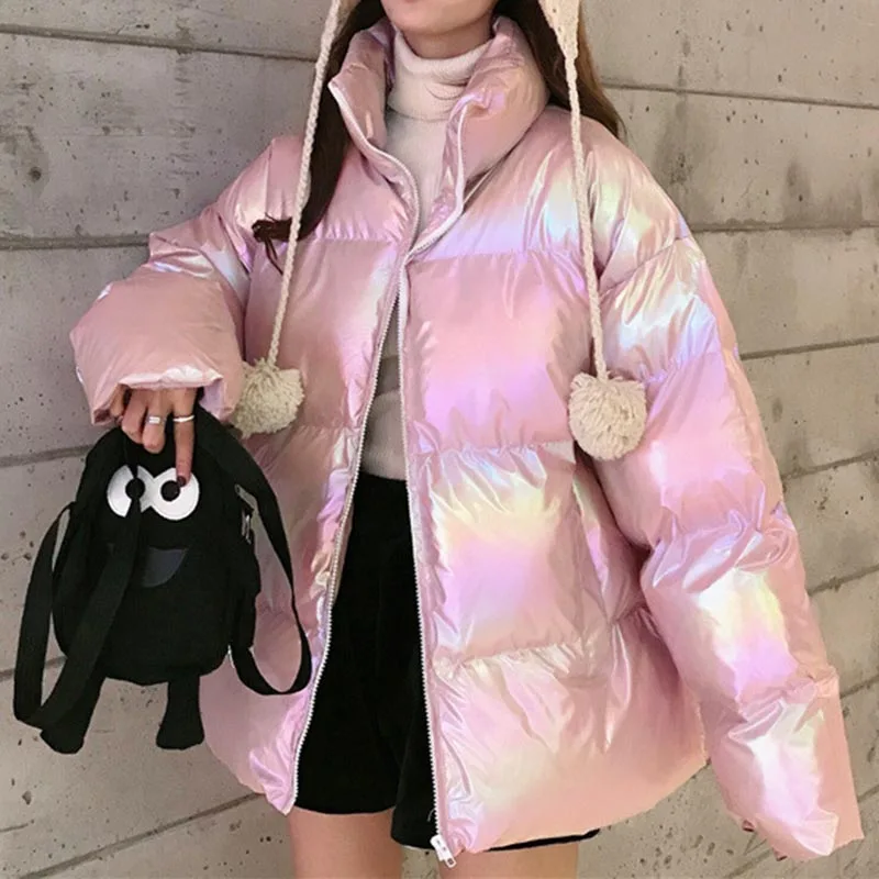 Блестящие неоновые куртки для женщин зима 2022 хлопок стоячий воротник длинный