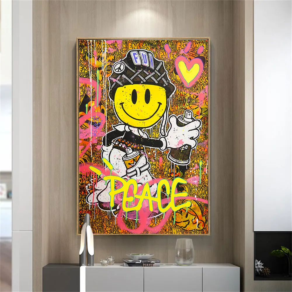 

Smiley Peace Pink Modern Graffiti Street Pop Art Poster On Canvas Painting Print Wall Picture For Living Room Home Decoration