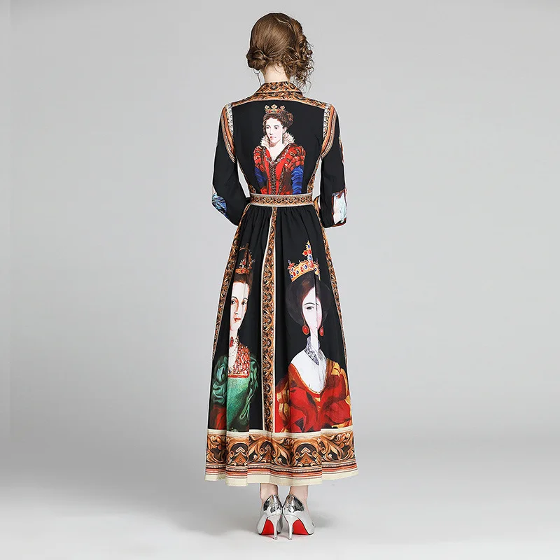 

2020 Spring Lady Temperament Vintage Oil Painting Print Slim Noble Women Dresses Elegant high Grade Long Sleeve Ladies Dresses