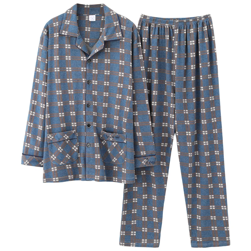 New Spring 100%Cotton Men Pajamas Set Striped Pijamas Long Tops+Long Pants Two Pieces Set Men's Pyjamas Plus Size Male Nightwear