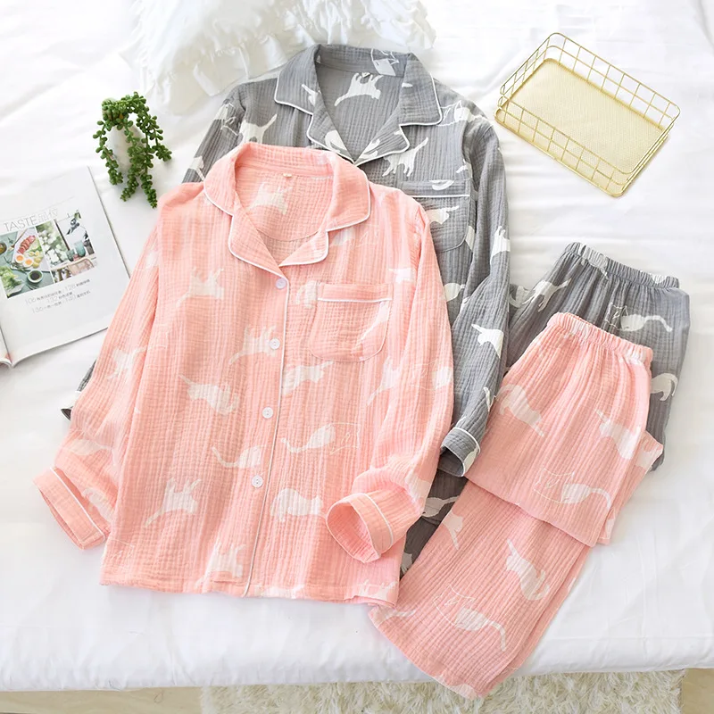 

2022 Spring Cotton Pajamas Women Gauze Homewear Casual Cartoon Print Men Sleepwear Set Couple 2Pcs Loungewear Female Home Suit