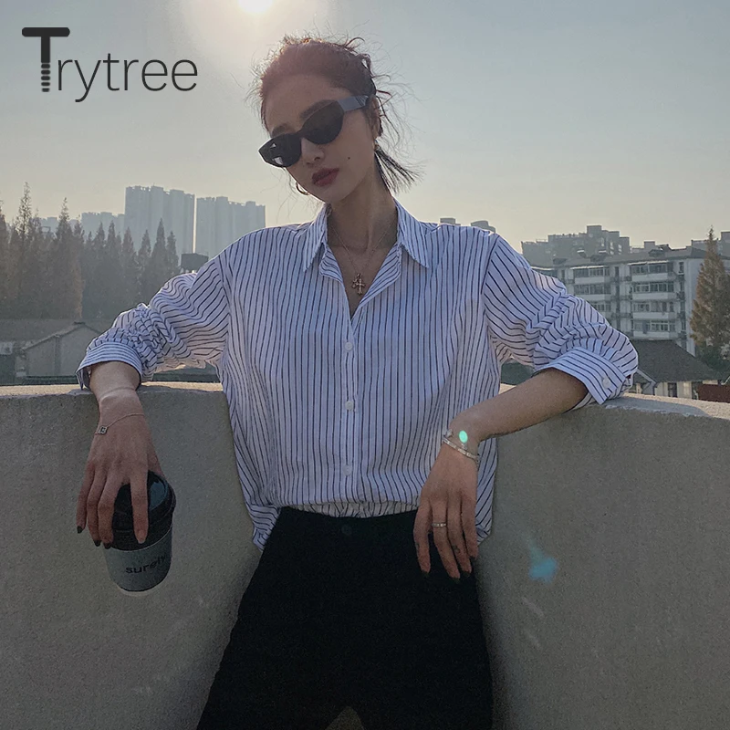 

Trytree 2020 Spring Autumn Women Dress Casual Turn-down Collar Single Breasted Stripe Loose All-Purpose Style Office Lady Blouse