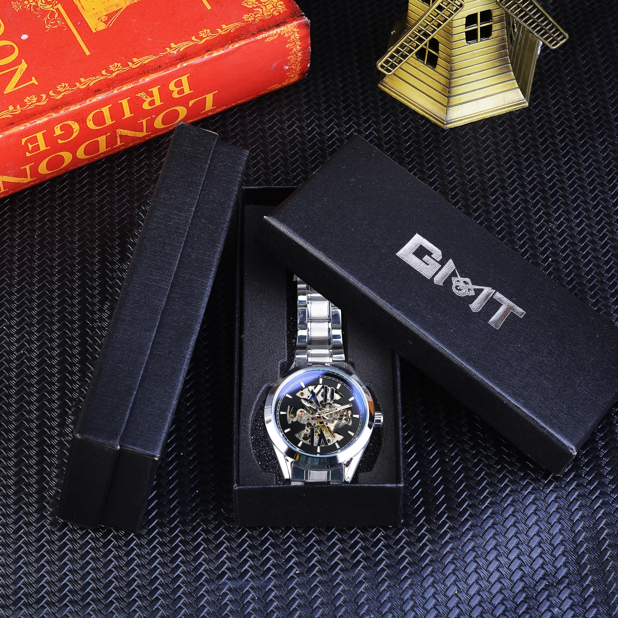 Winner Blue Light Glass Design Black Silver Automatic Watch Business Stainless Steel Band Waterproof Luminous Mechanical | Наручные часы