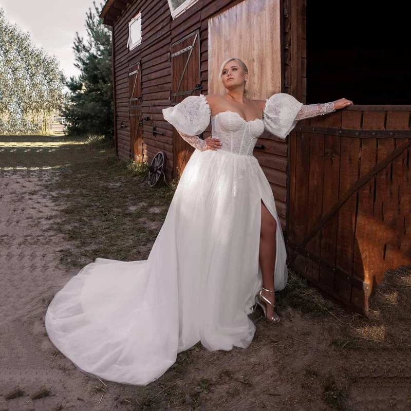

Fashion Plus Size Lace Wedding Dresses With Detachable Sleeves Sweetheart Neck A Line Bridal Gowns Sweep Train Side Slit Lace Up