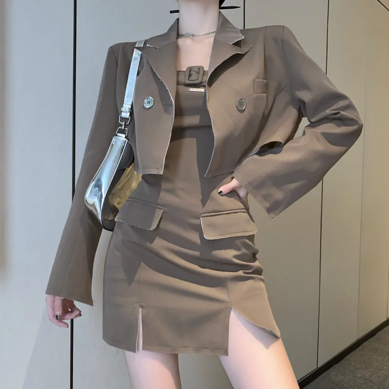 

High Quality Dress Sets Korean OL Vintage Two Piece Set Women Short Blazers Coat Top + Sexy Sleeveless Bodycon Mini Dress Suits