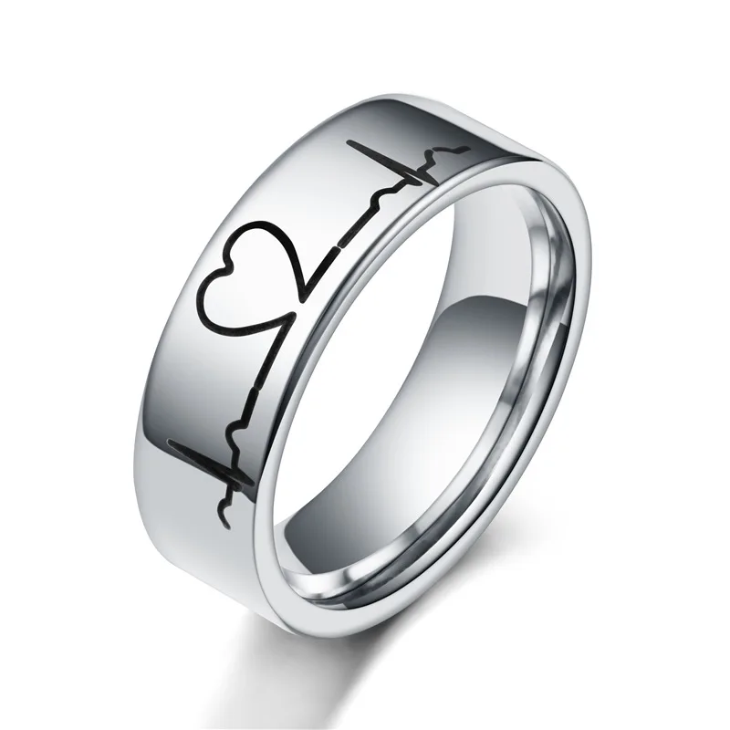 

Factory Direct Sale Jewelry Fashion Silver Color Simple Stainless Titanium Steel Party Heartbeat Couples Rings For Men Women