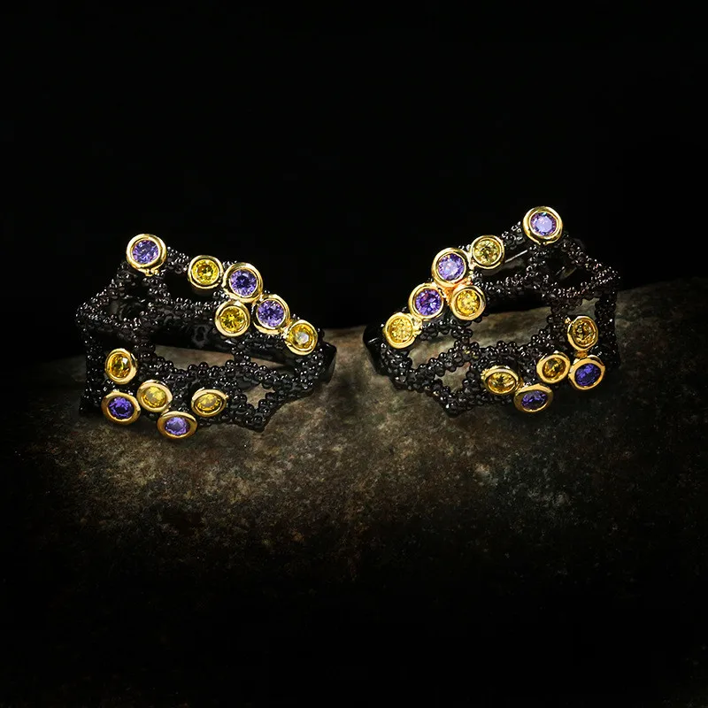 

Crystal Female Purple Yellow Stone Earrings Vintage Black Gold Wedding Earrings For Women Luxury Hollow Flower Stud Earrings