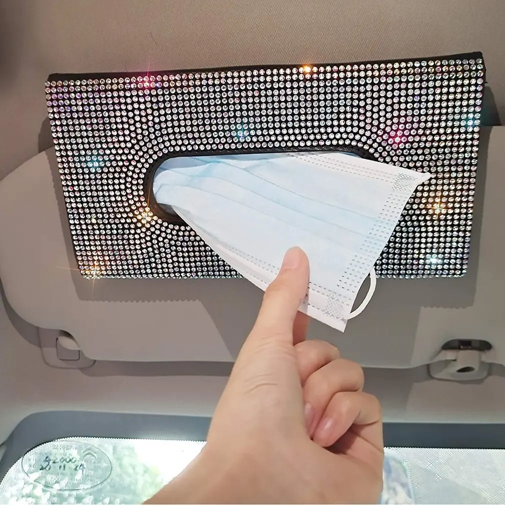 

Bling Car Tissue Box Holder Car Accessories Car PU Leather Tissue Box Hanging Car Napkin Holder With Sparkly Crystal Diamond