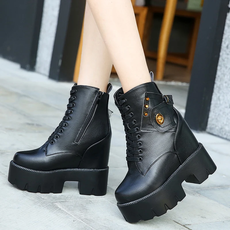 Зимние теплые ботинки в байкерском стиле Женские осенние кожаные на молнии