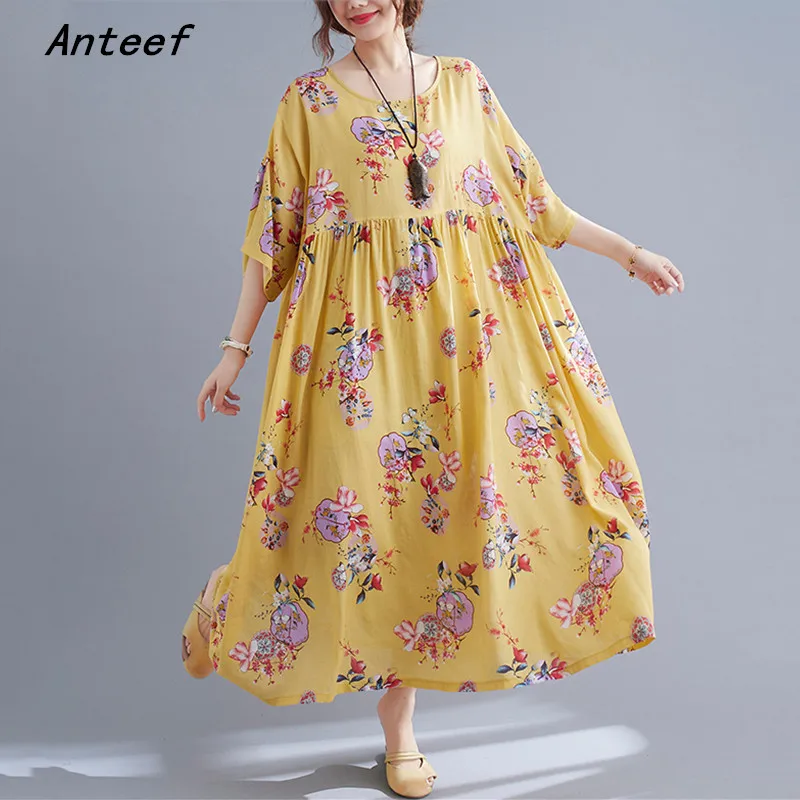 

short sleeve plus size cotton vintage floral dresses for women casual loose long woman summer dress elegant clothes 2021