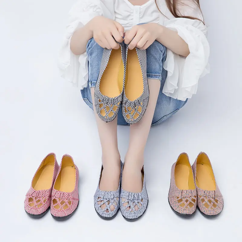 

Summer Woman Shoes Hollow Out Slip On Woman Loafers Casual Cloth Flats Round Toe Breathable Lady Ballerina Shoes Zapatos Mujer