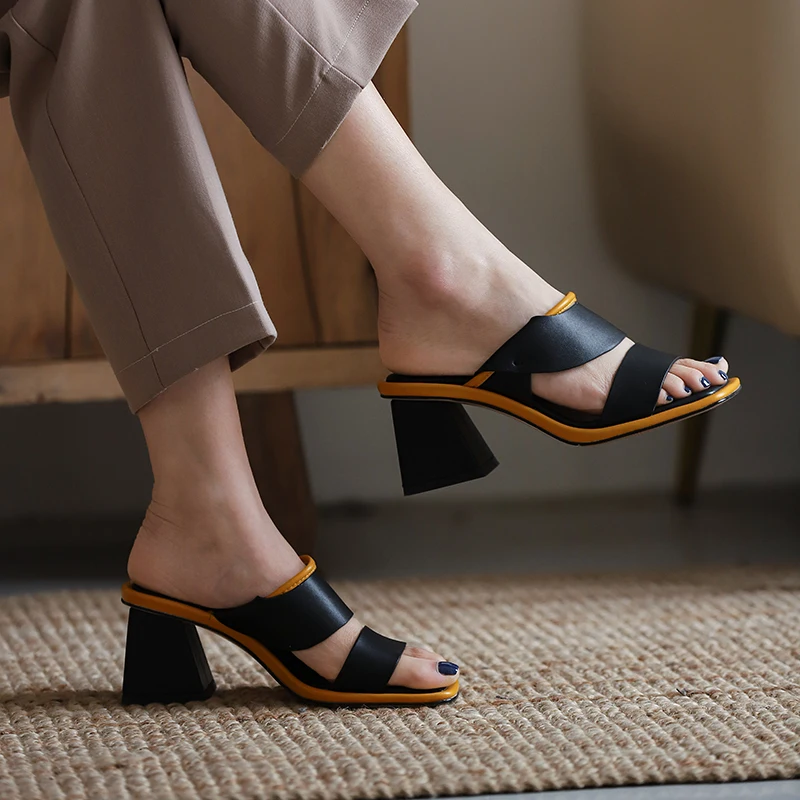 

JOCHEBED HUFashion Concise New Women Sandals Genuine Leather Women Pumps Casual High Heels Slippers Summer New Arrival Shoes W