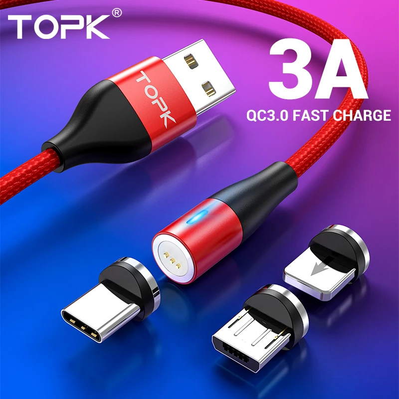 TOPK, 1 м, модернизированный, 3 А, магнитный Micro USB кабель для быстрой зарядки телефона, 8 Pin, usb type-C кабель для iPhone, samsung, huawei, Xiaomi