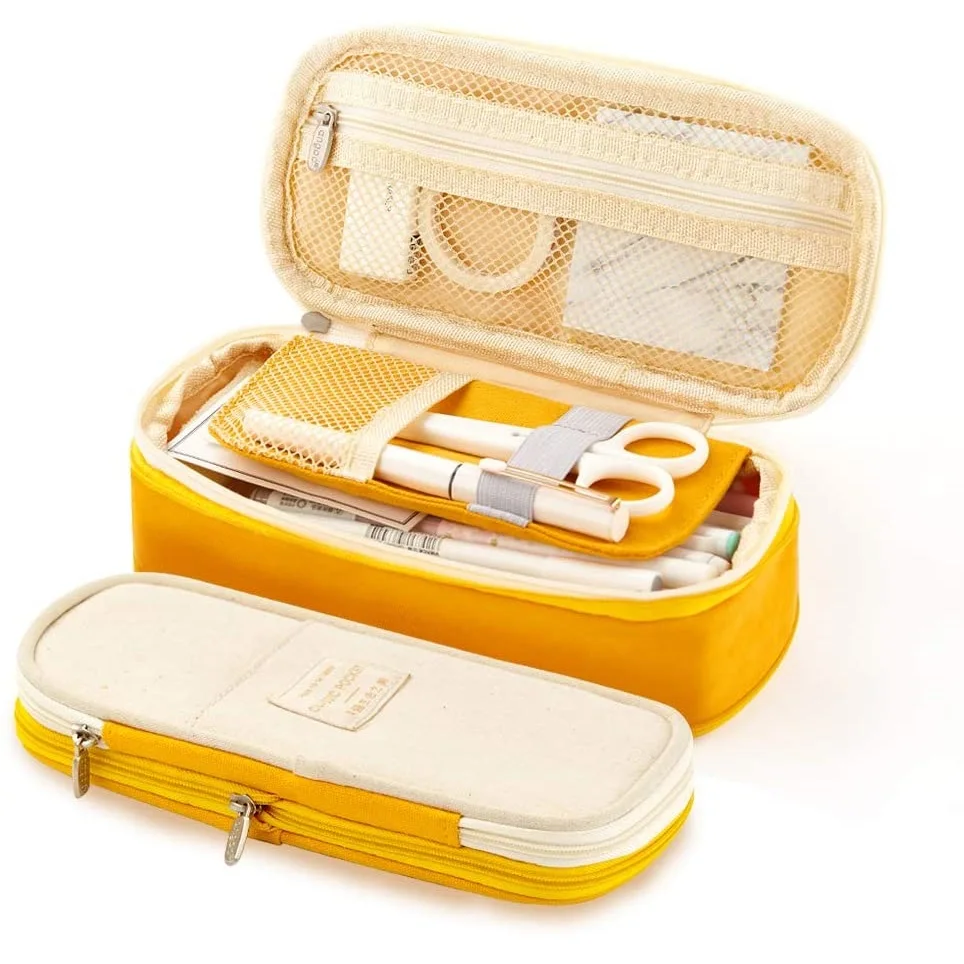 Angoo [C-block] Kotak Pensil Pena Saku Klasik, Tas Penyimpanan Alat Tulis Kanvas Lipat Organizer untuk Travel Kosmetik Siswa A6449