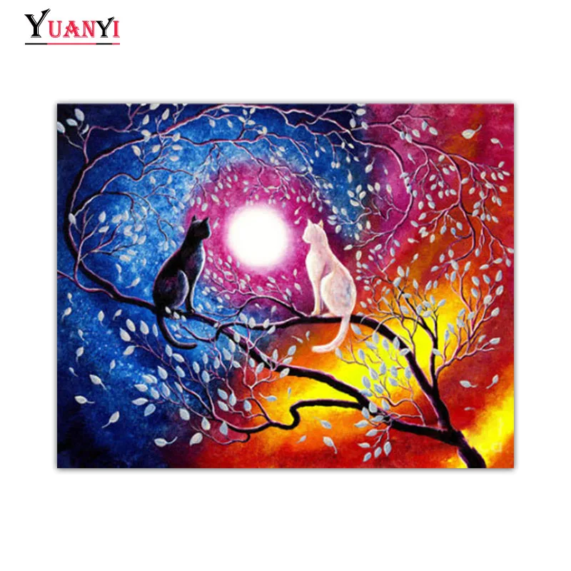 Алмазная картина полностью квадратная вышивка животное кошка ночное дерево 5D