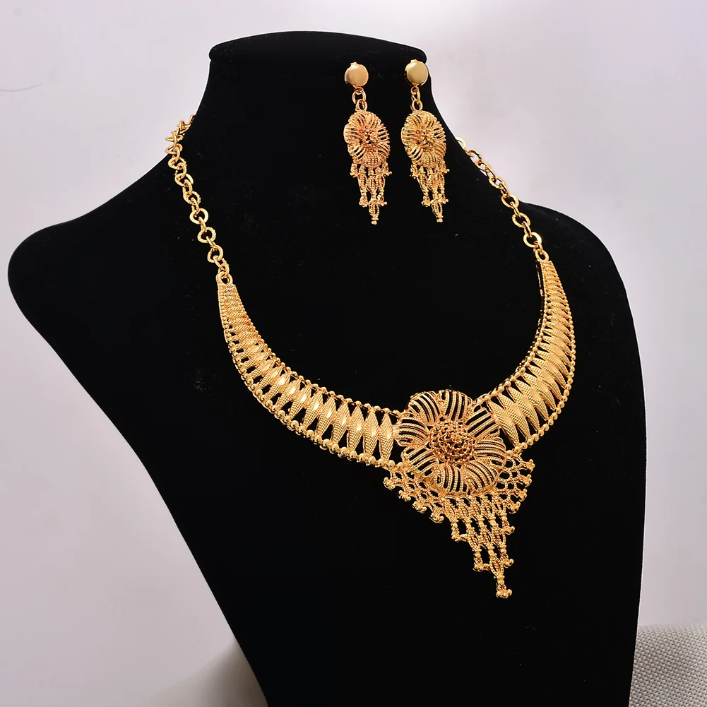 Jewelry set 24K Gold Color Sets For Women Bridal Luxury Necklace Earrings Indian African wedding Heart gifts |