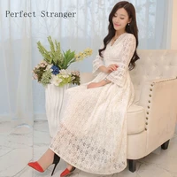 2021 summer new arrival high quality bohemian style hot sale retro three quarter sleeve v collar collect waist lace long dress