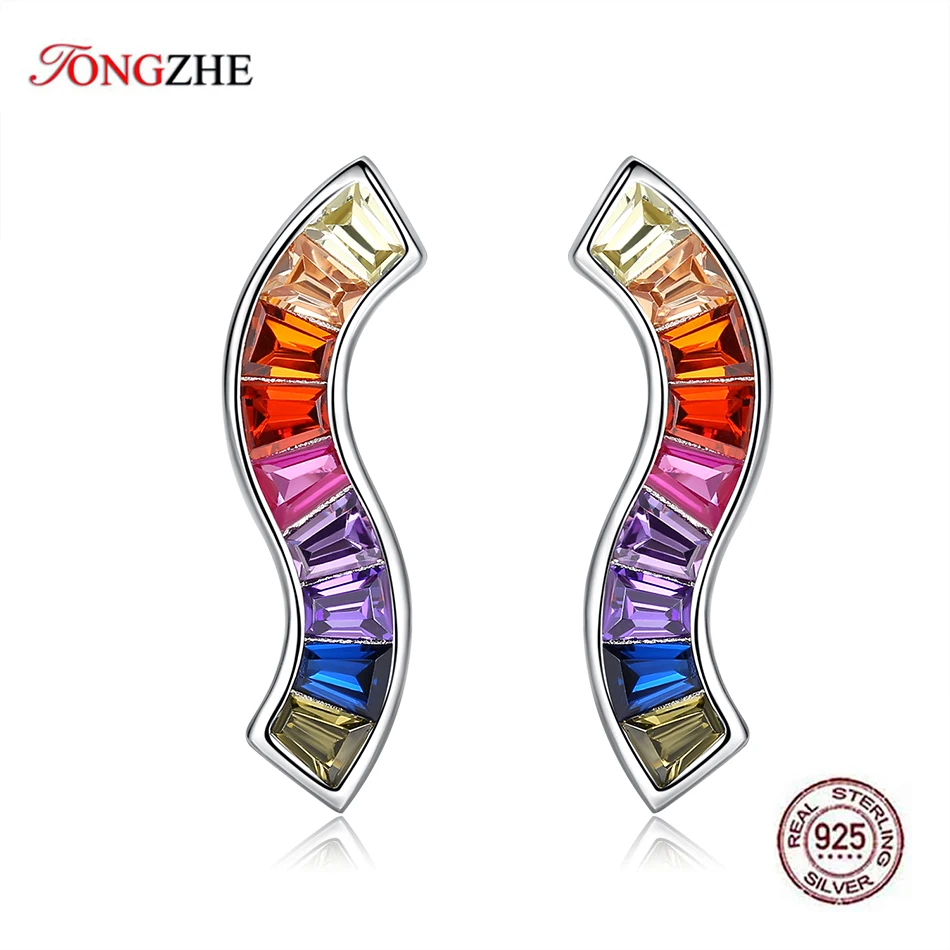 

TONGZHE 925 Sterling Silver Stud Earring Minimal Delicate Colorful Rainbow CZ Women Earrings for Women Jewelry Fashion