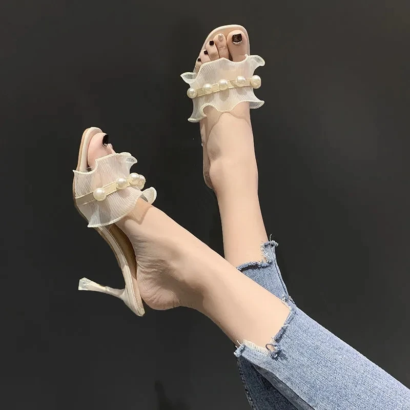 

Slippers Women 2022 Sandals One Word With Pearl Lace Stiletto Heels Shoes Summer Korean Fashion Casual Sexy Luxury Ladies Shoes
