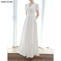 kaunissina simple wedding dresses elegant v neck short sleeves lace trim vintage satin wedding gowns long beach bridal dress