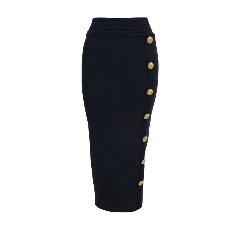 

Women Button Black Blue Red Bandage Skirt 2021 Designer High Waist Pencil Skirt 75cm