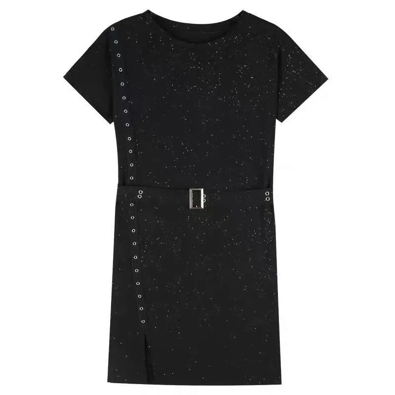 

Summer Korean Fashion Black Mini Dress With A Slit For Women 2021 Sexy Bodycon Short Sleeve Bandage Plus Size Streetwear Cloth