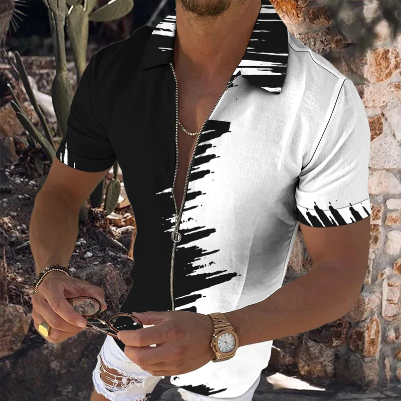 

New Male Clothing Wholesale3D Colorful Color Matching Print Men Zipper Shirt Hip Hop Casual Short Sleeve Streetwear Cardigan