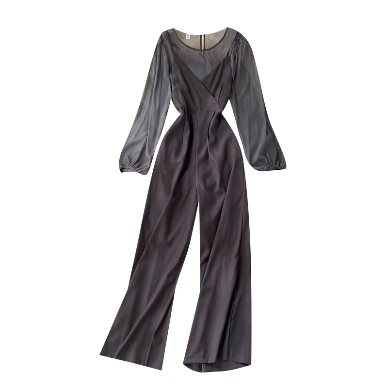 

Aibeautyer Spring Solid O Neck Long Puff Sleeve Top+ Sexy Backless Adjustable StraWide Leg Long Jumpsuits Two Pieces Set