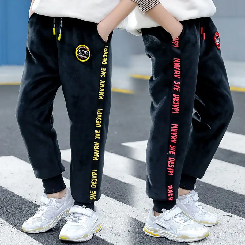 Boys Pants Gold Velvet + Plush Liner Trousers 4-13 Years Old Korean Russian Winter Warm Thick Double Padded Outdoor | Детская одежда и