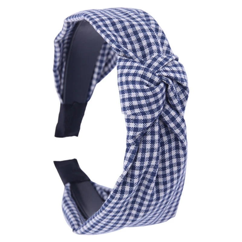 

Y98B Fashion Knotted Plaid Headbands for Women Girls Wide Lattice Turban Headband Fashion Cross Knot Hair Bands
