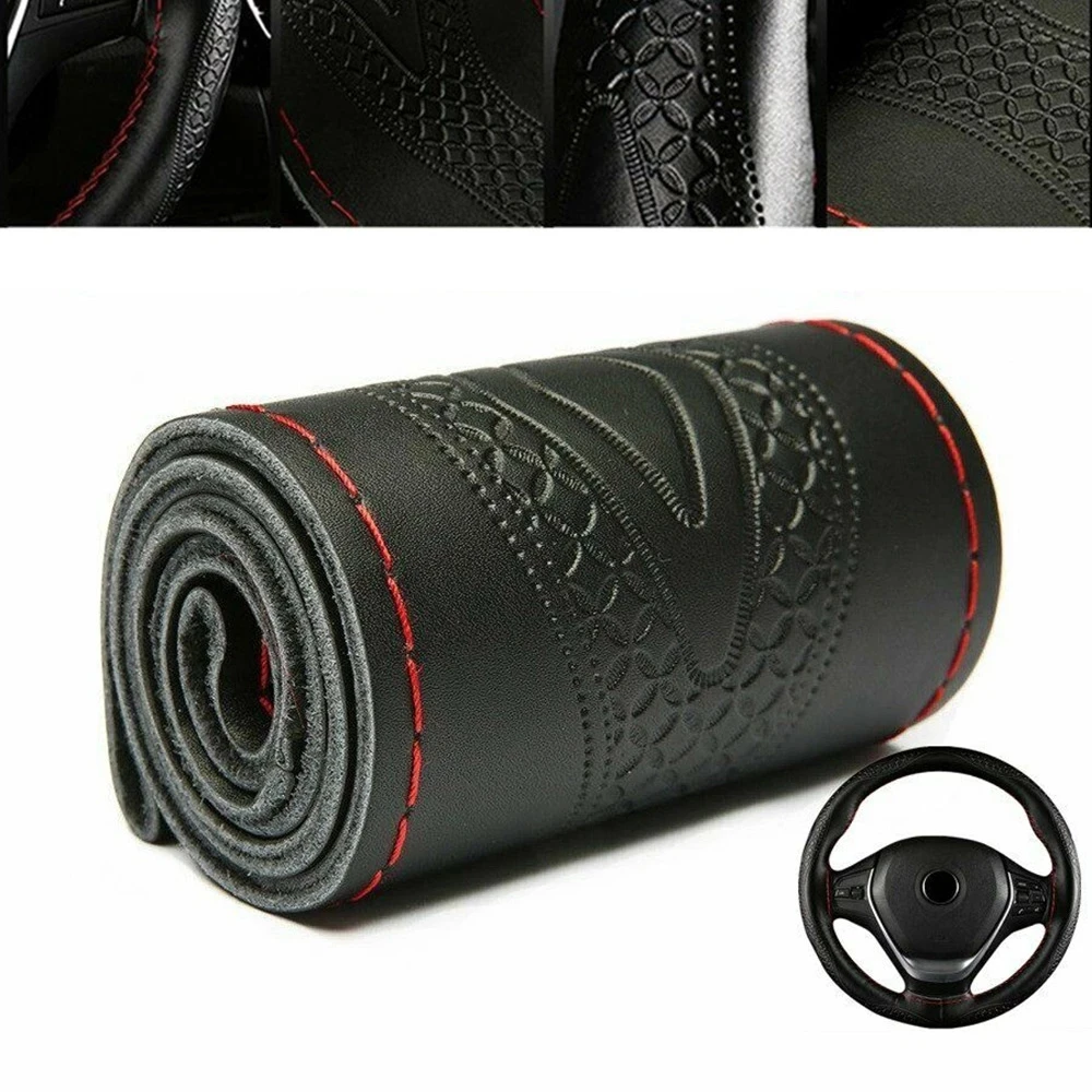 

Anti-slip Steering Wheel Cover Soft Black LeaPopr Red Thread DIY Car Auto Accessories