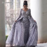 arabic gray lace formal evening dresses with overskirt long sleeves special occasion gowns for women prom party dress vestidos
