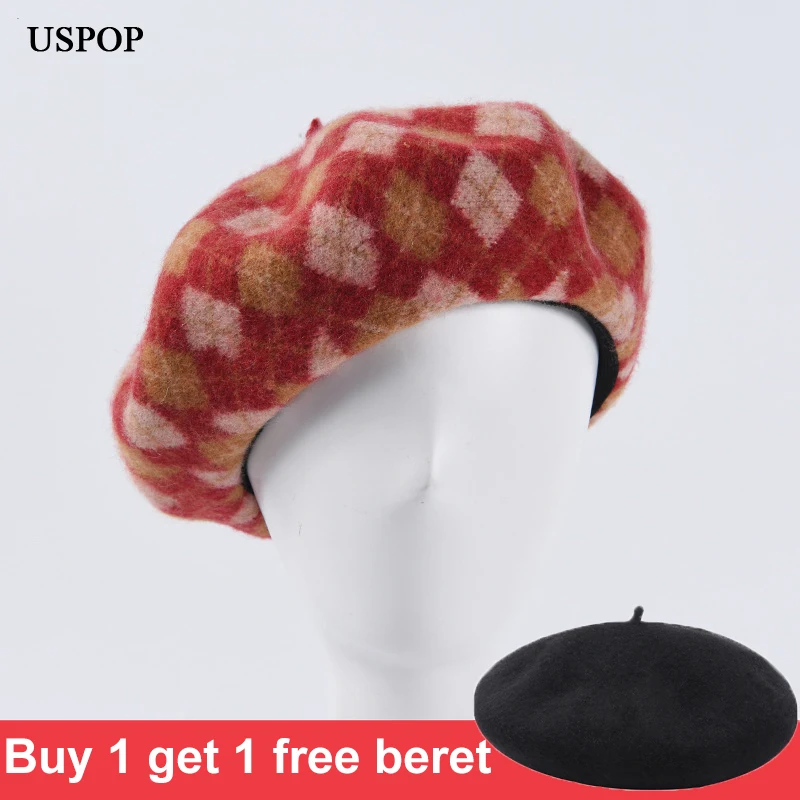 USPOP New thick winter wool hats women wool berets adjustable female plaid beret vintage painter hats uspop 2020 women berets plaid tweed beret hat female autumn winter wool hat
