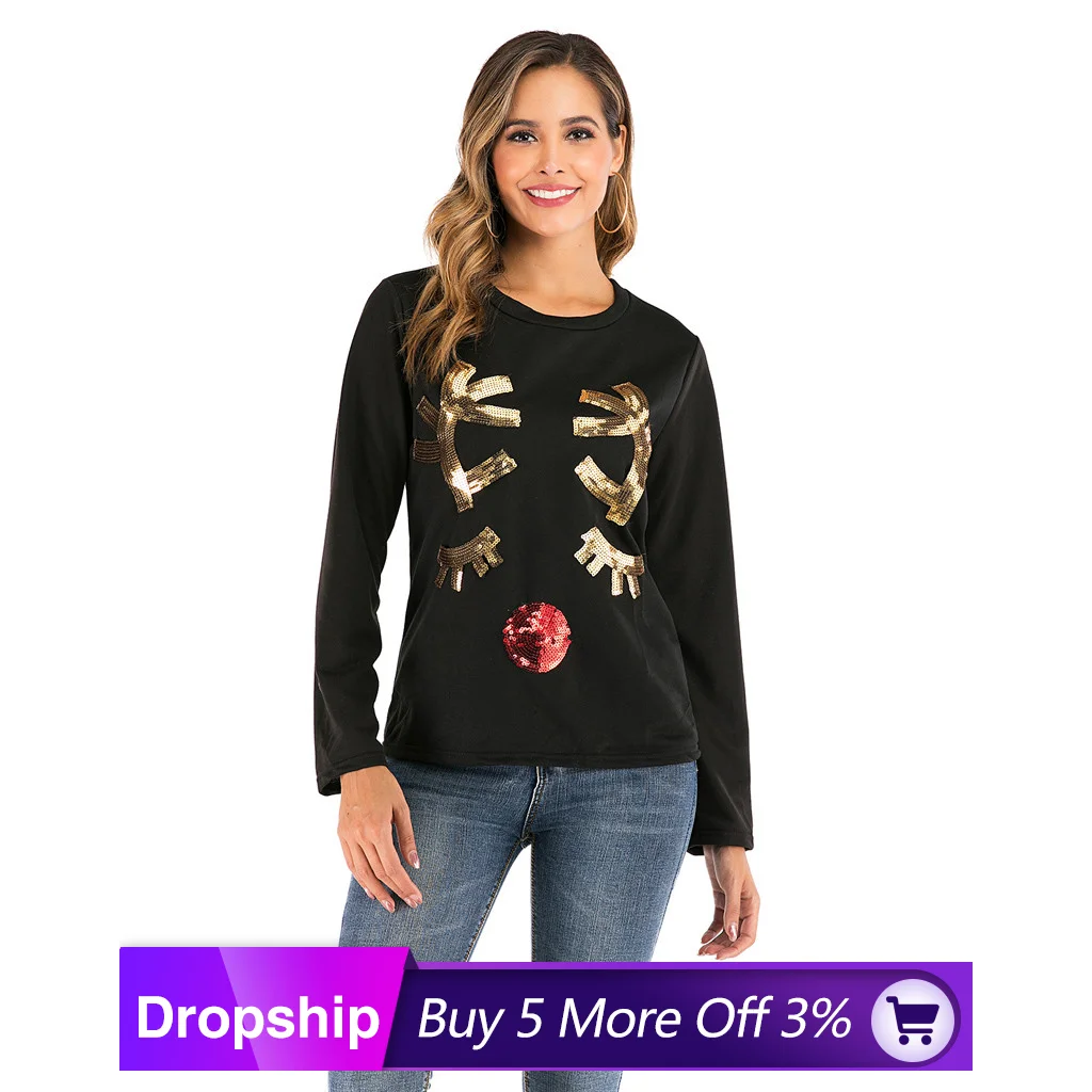 Рождественская модная женская футболка с пайетками длинным рукавом