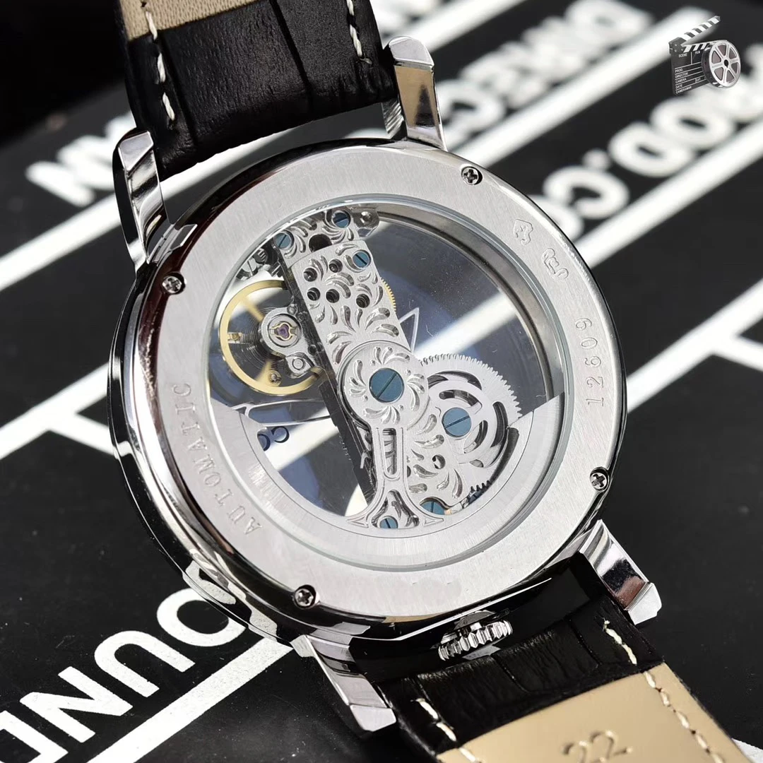 

Classic New Men Automatic Mechanical Watches Silver Gold Diamonds Bezel Waterproof Transparent Glass Skeleton Leather Watch