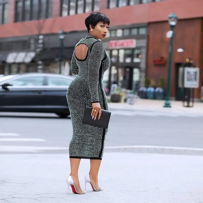 

High Quality Black Long Sleeve Beading Backless Hollow Out Bandage Dress Elegant Evening Party Dress