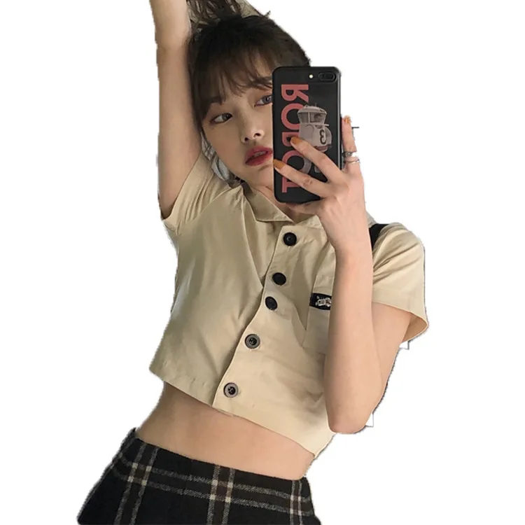 

2021 summer new Korean retro chic shirt design sense lapel slim short tooling style short sleeve shirt women