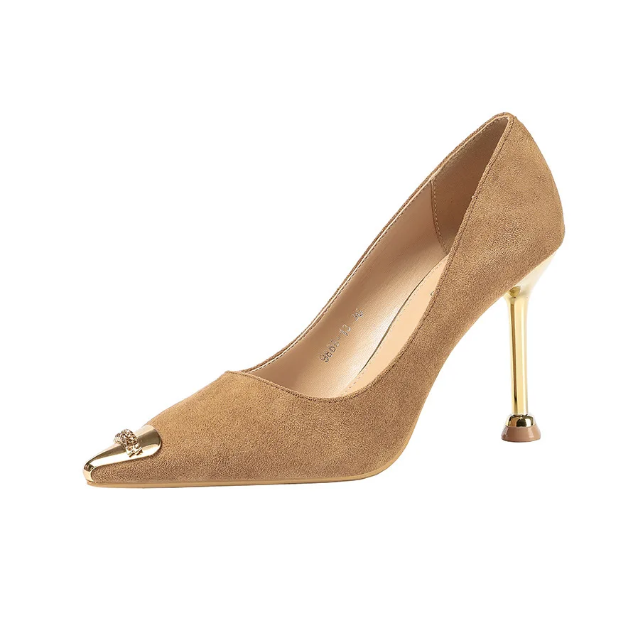 

Spring European and American sexy shallow Suede high-heeled shoes metal pointed thin single-heeled professional women's shoes