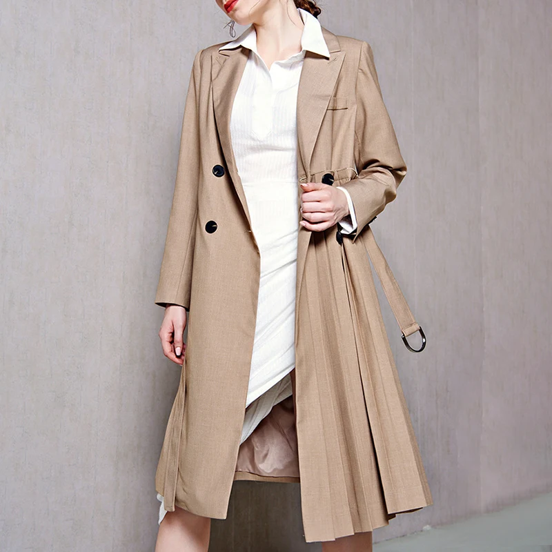 CHICEVER Irregular Pleated Patchwork Women Trench Lapel Collar Long Sleeve With Sashes Loose Windbreaker Coat Female 2020 Autumn | Женская