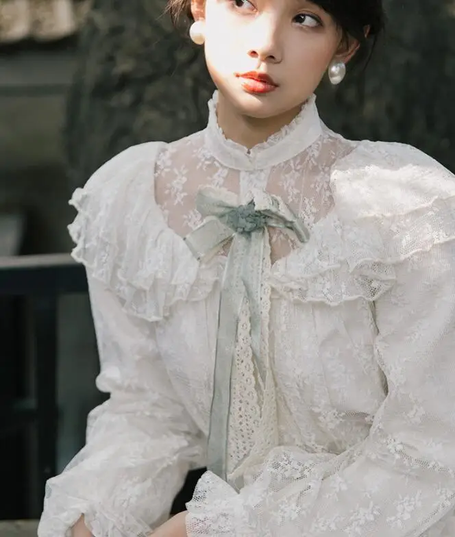 

Dresses for women Autumn Winter dress women New Arrival Retro Stand Collar Long Sleeve Woman Gauze Lace Long Dress With Brooch