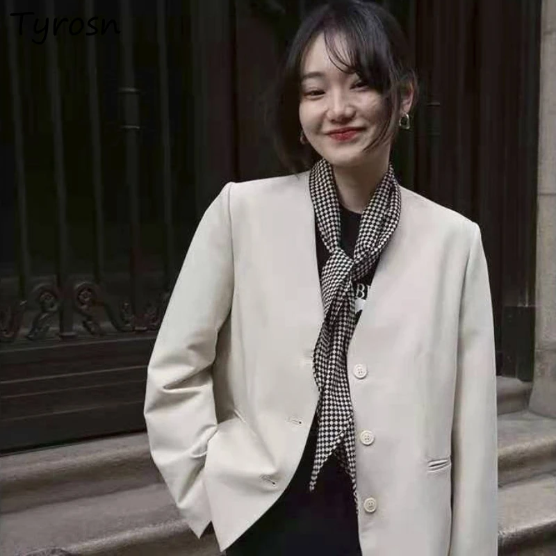 

V-neck Blazers Spring Autumn Women Single-breasted Chic Fashion All-match Casual British Style Vintage Korean Elegant Loose Ins