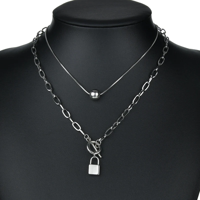 

Akizoom New Stainless Steel Necklace for Women Round Bead Lock Double Layers Necklace Choker Chian Pendant Jewelry Birthday Gift